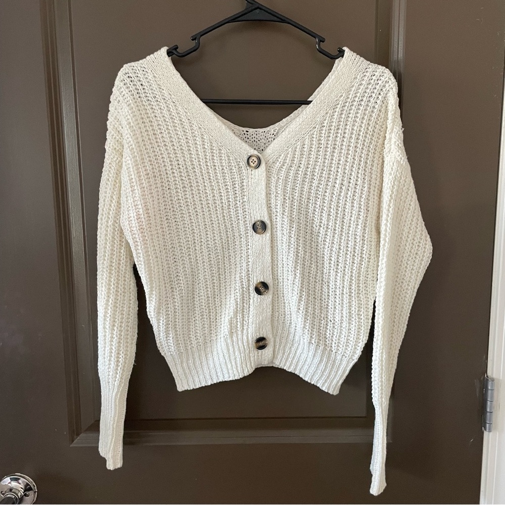 Sincerely Jules Cream Button-Up Knit Cardigan Cropped Cozy Size Small